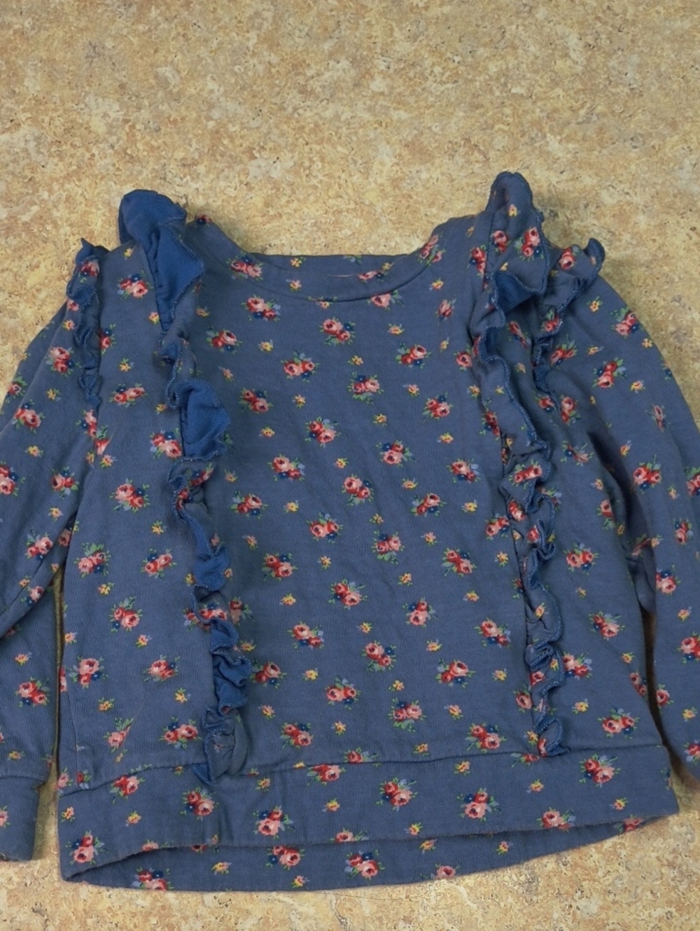 Mini Boden Blue Floral Ruffle Sweatshirt Sz 3-4 GUC.